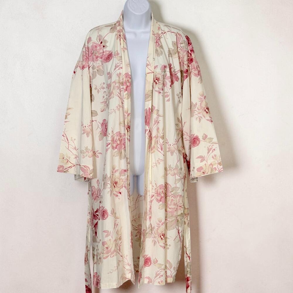 Vintage 90s Floral Cotton Kimono Robe Cottagecore Wrap Duster Mas d’Ouvan Paris - Picture 3 of 11